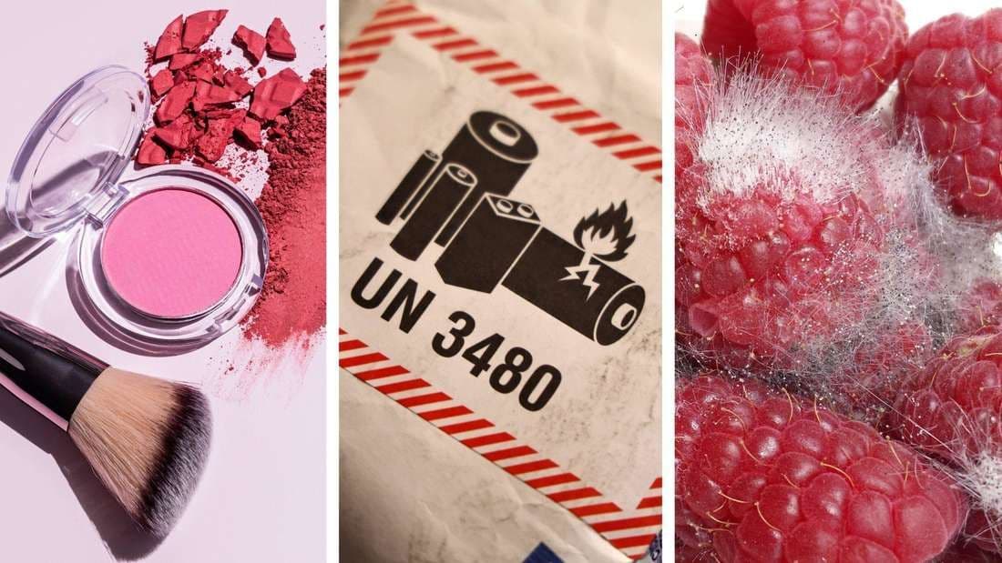 Montage d'images symbolisant les rappels de produits, incluant des framboises moisies, illustrant les 'déviations sensorielles'.