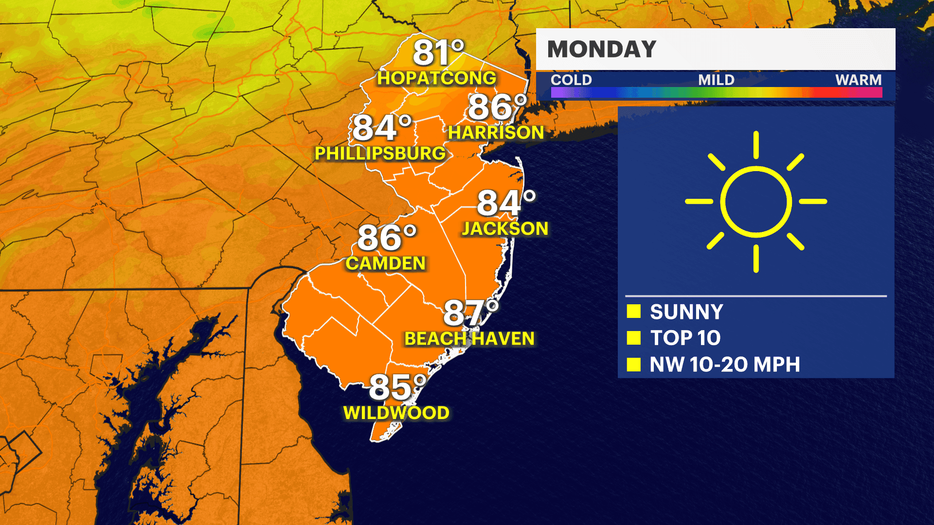 New Jersey weather map showing a sunny and pleasant forecast for Monday with comfortable temperatures.