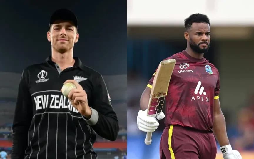 New Zealand's Mitchell Santner and West Indies' Shai Hope representing the teams in the ODI match.