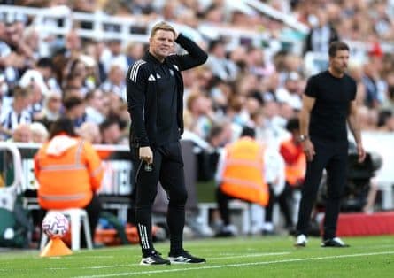 Newcastle manager Eddie Howe looking frustrated, reflecting his limited control over player transfers.