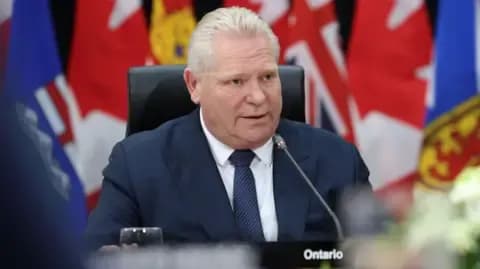 Ontario Premier Doug Ford speaks at a podium, leading the province's advertising campaign against US tariffs.