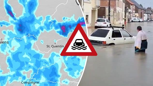 Overlaid image showing a flooded street with a car submerged in water and a weather map of France with a flood warning icon.