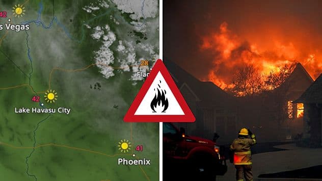 Panneau d'avertissement de feu de forêt superposé à une carte météorologique et une image de maison en flammes, illustrant les risques météorologiques.