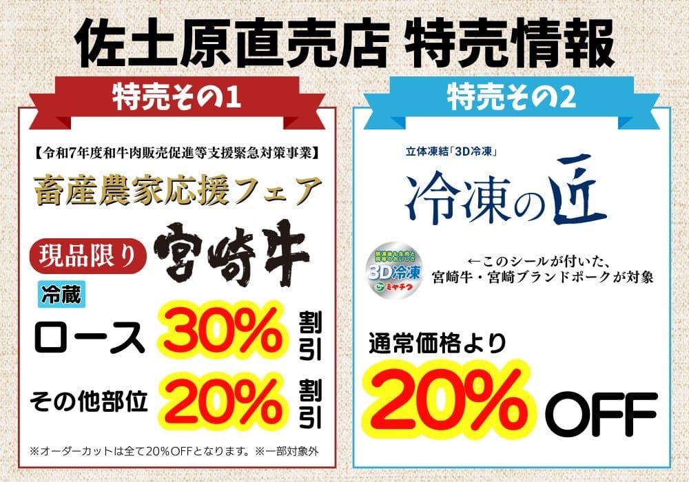 Panneau promotionnel affichant des réductions de 30% sur le rôti de bœuf de Miyazaki et 20% sur d'autres coupes, ainsi que des offres sur le porc de marque Miyazaki.