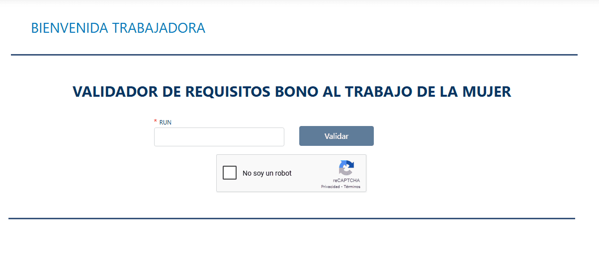 Pantalla del portal Sence para validar requisitos del Bono al Trabajo de la Mujer, mostrando el campo RUN.