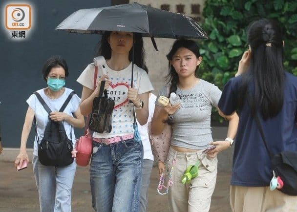 People walking in Hong Kong, one holding an umbrella and another a fan, navigating the city's hot and rainy August weather.