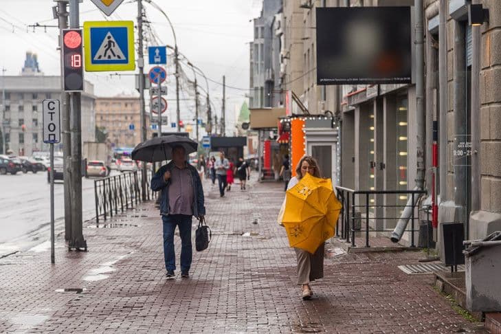 People walking on a city street with umbrellas during a rain shower, one umbrella inverted by wind, illustrating unpredictable weather.