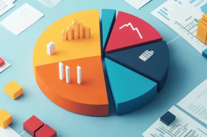 Pie chart and financial elements representing investment diversification and economic growth in a global market.
