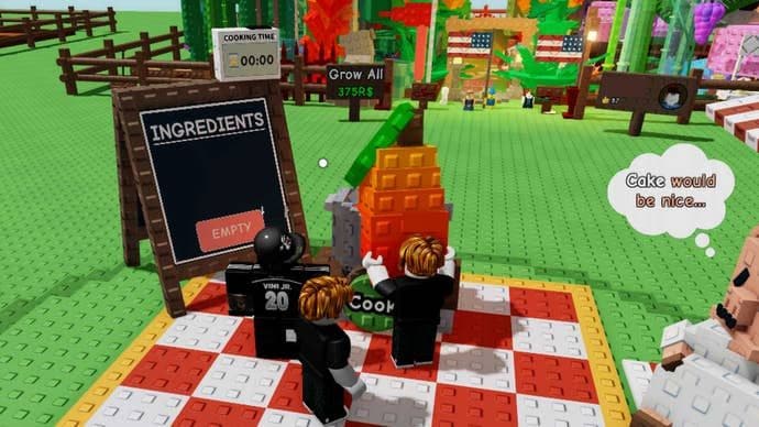 Players interacting with the cauldron and ingredient board in Grow a Garden's cooking event.