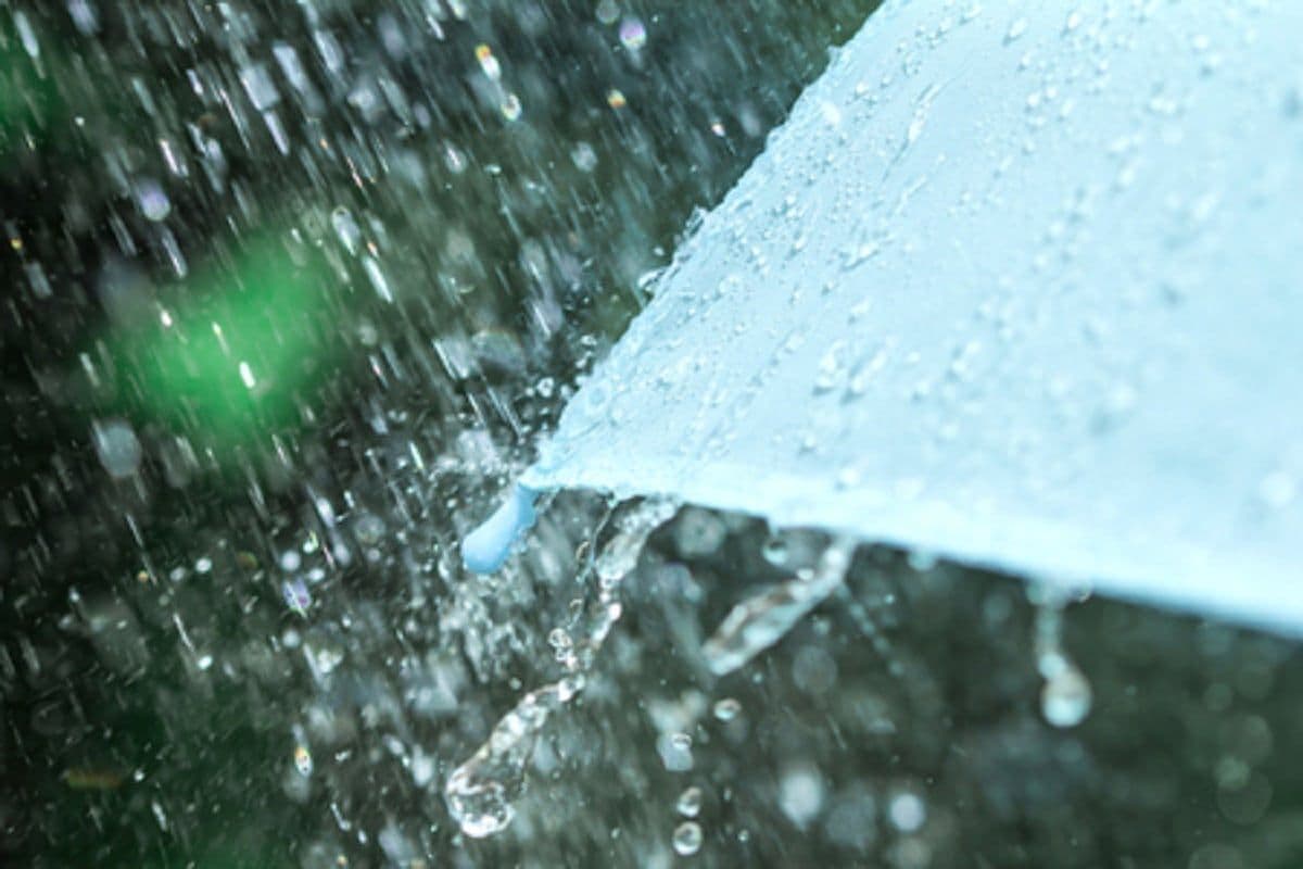 Pluie intense tombant sur un parapluie, symbolisant l'alerte aux intempéries.
