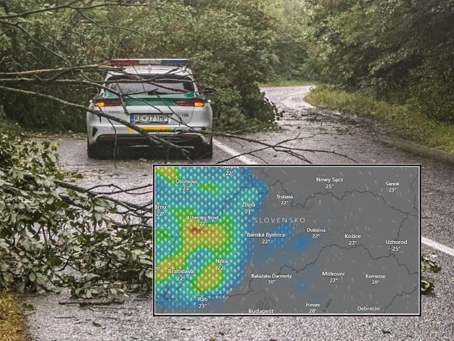 Policajné auto na ceste zablokovanej popadanými konármi s prekrytou meteorologickou mapou Slovenska zobrazujúcou búrkovú aktivitu.