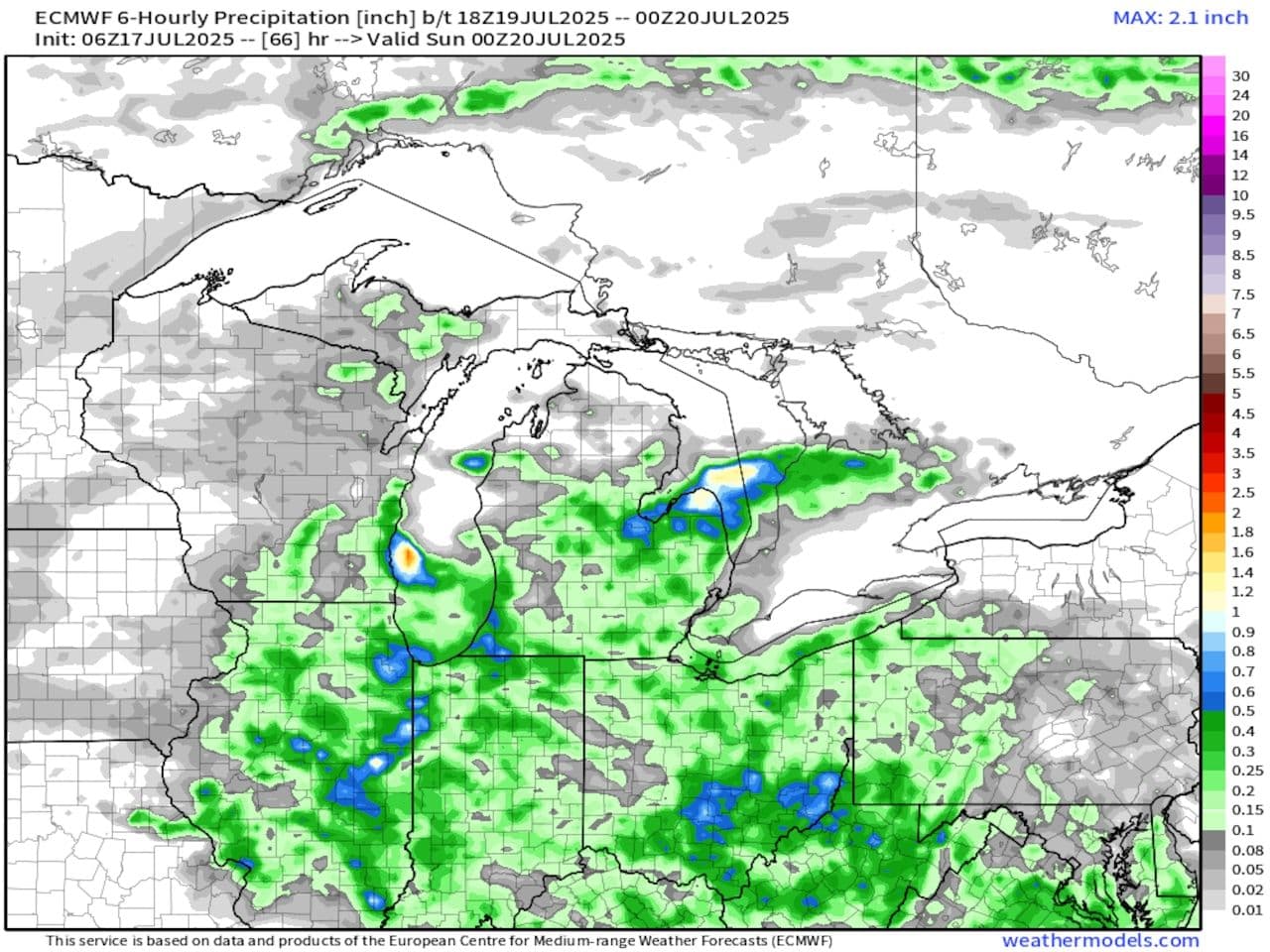 Precipitation map showing rainfall distribution and intensity, representing atmospheric dynamics.