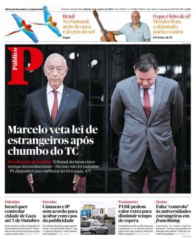 Primeira página do jornal Público com a manchete sobre o veto presidencial à lei de estrangeiros.