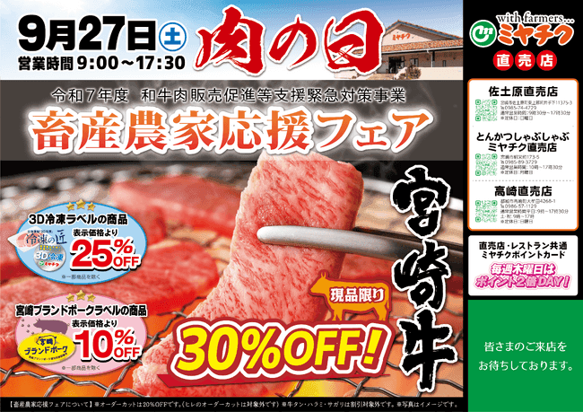 Promotional flyer for Japan's Niku no Hi (Meat Day) featuring sizzling Miyazaki Beef on a grill with significant discounts, highlighting the monthly meat festival.