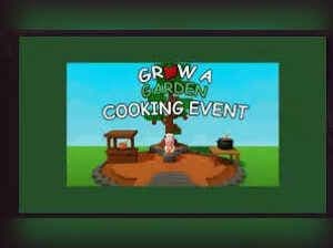 Promotional image for Grow a Garden's cooking event, showing the central cooking area with a pot, well, and a pig character.