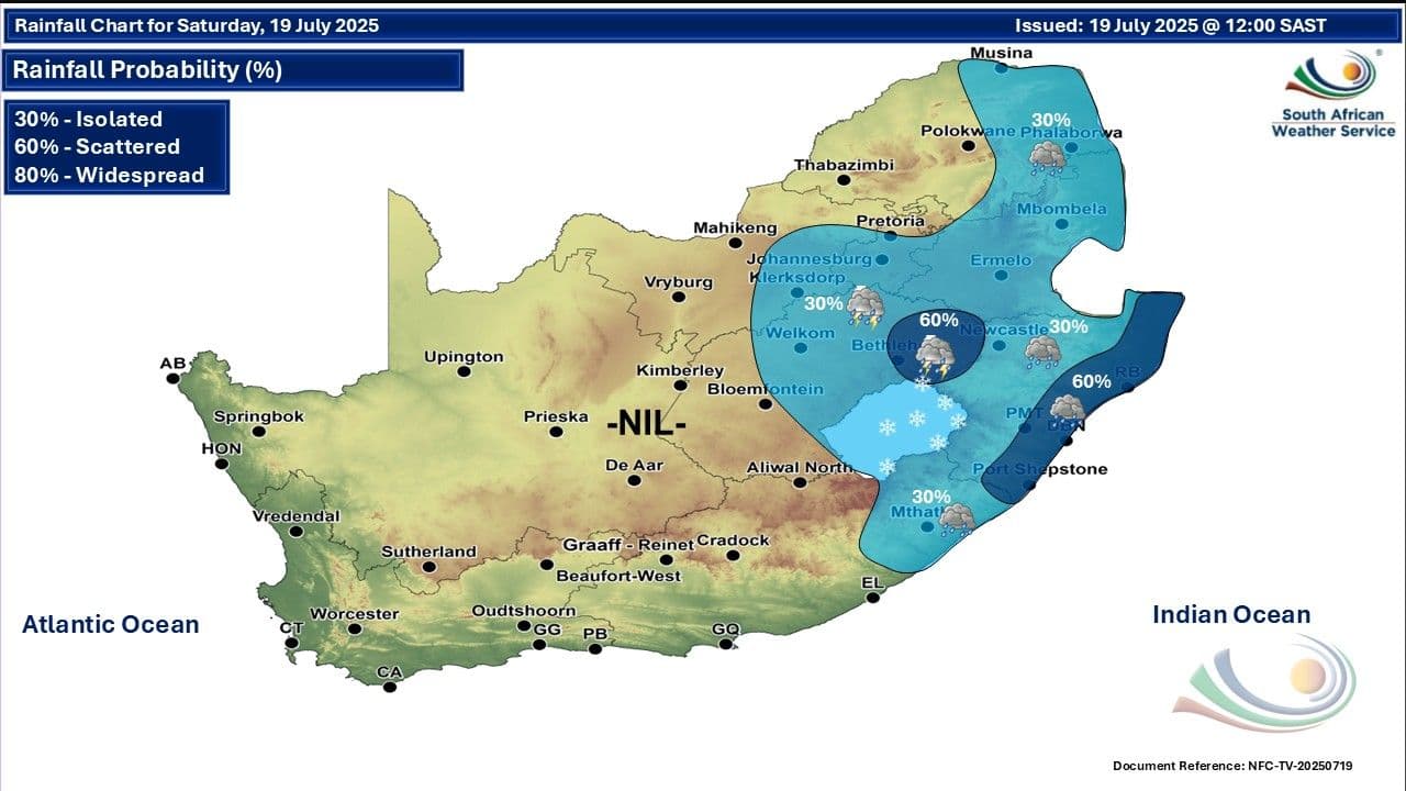 Rainfall probability map for South Africa on Saturday, July 19, 2025, showing regional weather patterns.