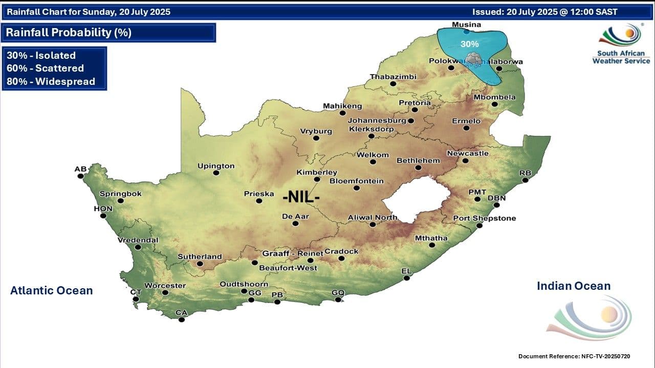 Rainfall probability map of South Africa for a winter day, illustrating regional variations with isolated rain in the northeast and clear conditions across most of the country.