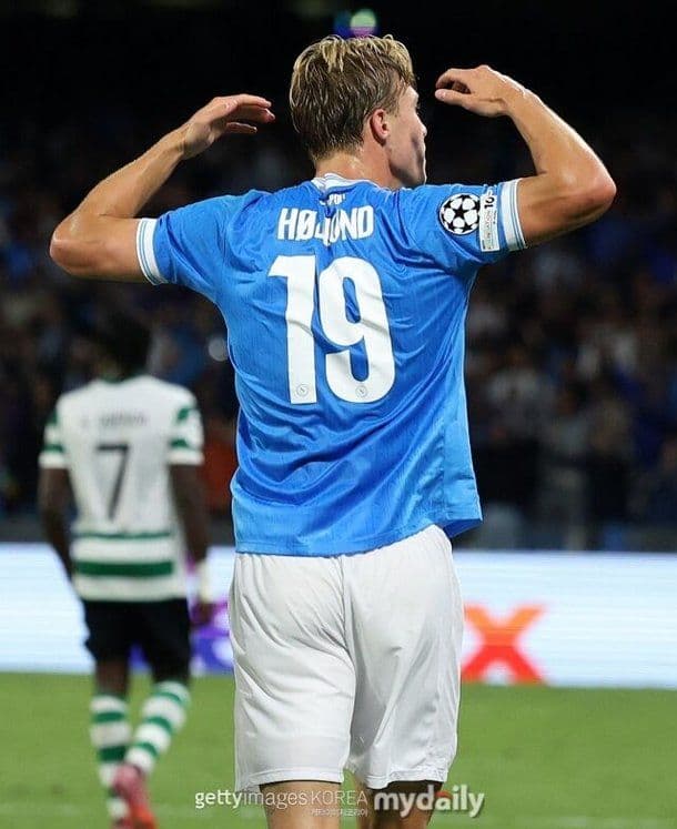 Rasmus Højlund in his Napoli kit with number 19 and Champions League badge, seen from behind on the football pitch.