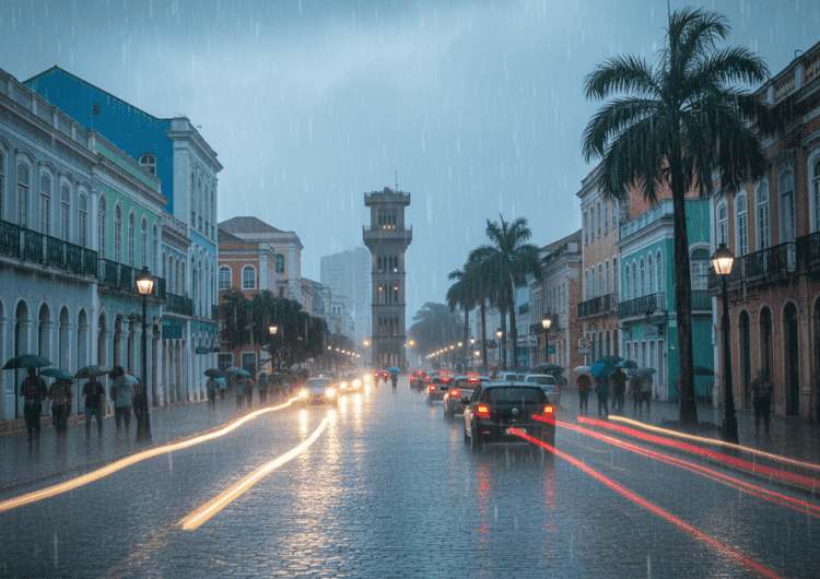 Rua de cidade sob chuva intensa, com carros e pessoas com guarda-chuvas, ilustrando o impacto da precipitação no setor agrícola.