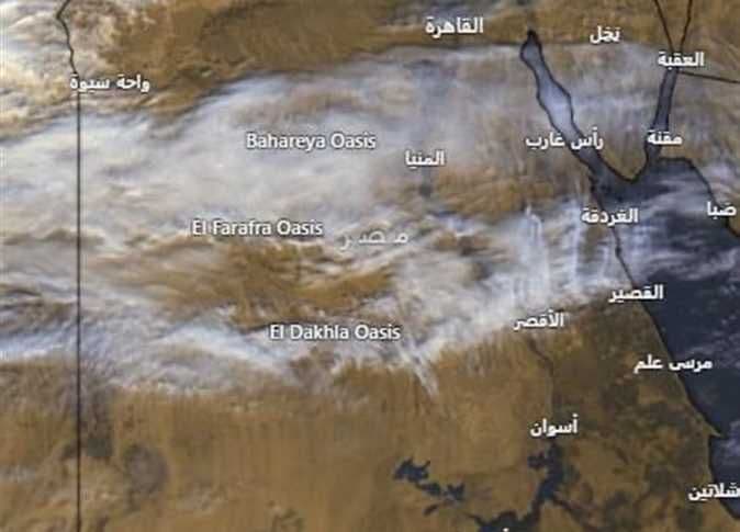Satellite imagery of Egypt showing cloud cover over desert regions, indicating atmospheric dynamics bringing cooler temperatures and potential rain.
