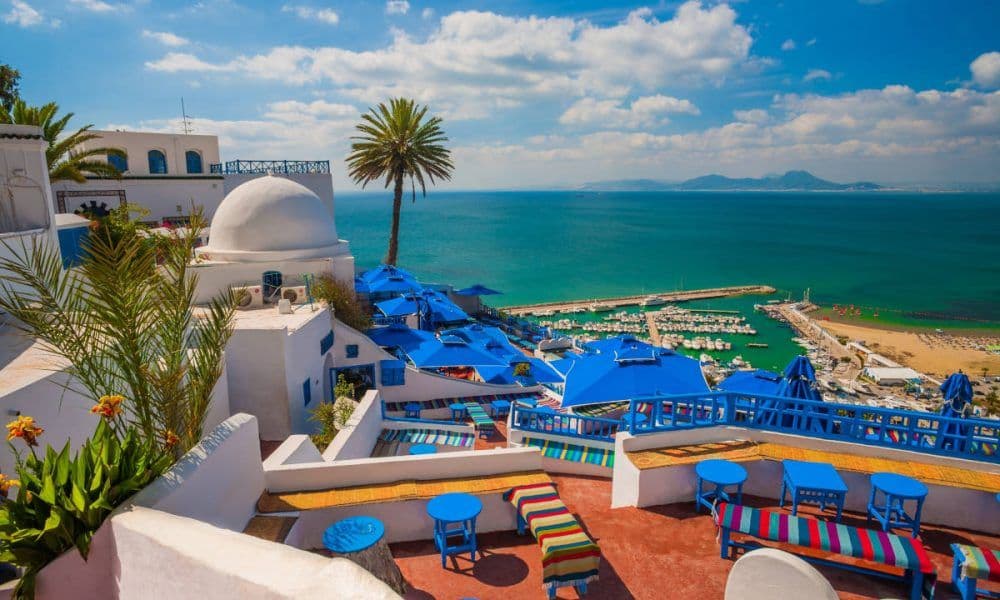 Scenic view of white and blue buildings in Sidi Bou Said overlooking a marina, representing architectural adaptation and urban design for cooler environments.