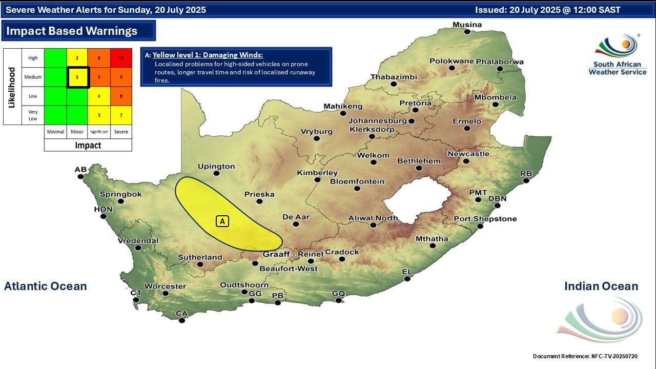 Severe weather alert map for South Africa showing a yellow level 1 warning for damaging winds in the central Northern Cape, indicating risks for vehicles and veld fires.