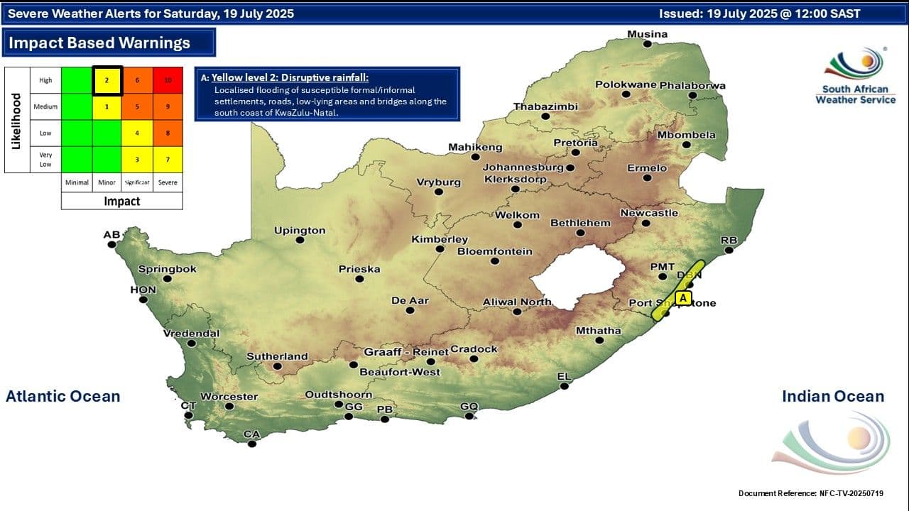 Severe weather alerts map for South Africa on Saturday, July 19, 2025, showing a Yellow Level 2 warning for disruptive rainfall in KwaZulu-Natal.