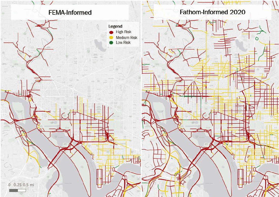 Side-by-side comparison maps showing urban flood risk: FEMA-informed (left) with fewer high-risk roads, and Fathom-informed (right) revealing significantly more high-risk areas.