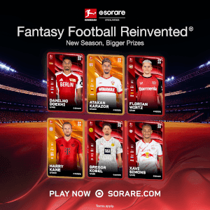 Sorare fantasy football cards featuring Bundesliga players, including Harry Kane.