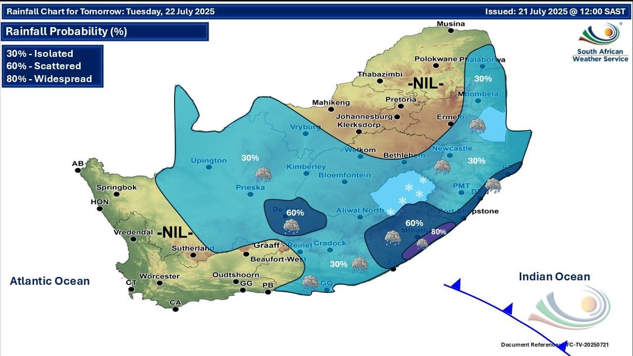South Africa rainfall probability map for Tuesday, 22 July 2025, indicating isolated, scattered, and widespread rain chances, with snow probability in the Eastern Cape.