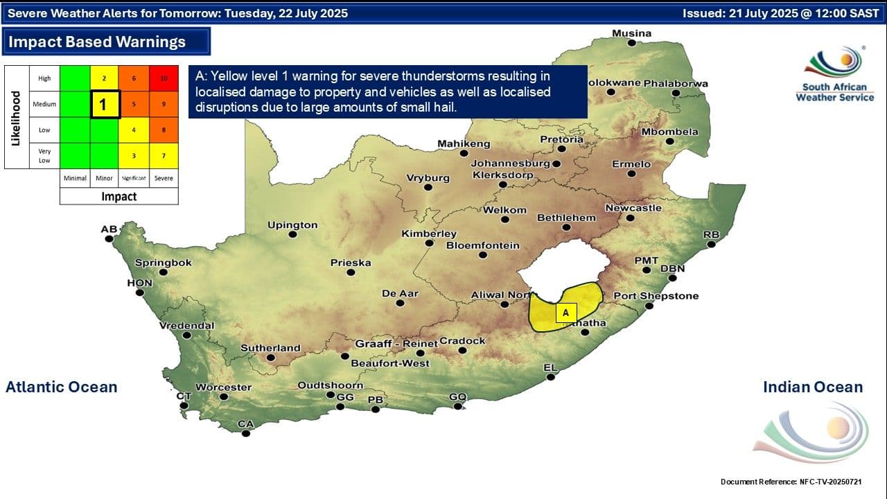 South Africa severe weather alerts map for Tuesday, 22 July 2025, highlighting a Level 1 warning for severe thunderstorms in the north-eastern Eastern Cape.