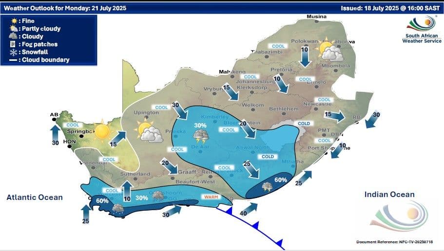South Africa weather outlook map for Monday, showing cold temperatures, cloud cover, and potential snowfall across various regions.