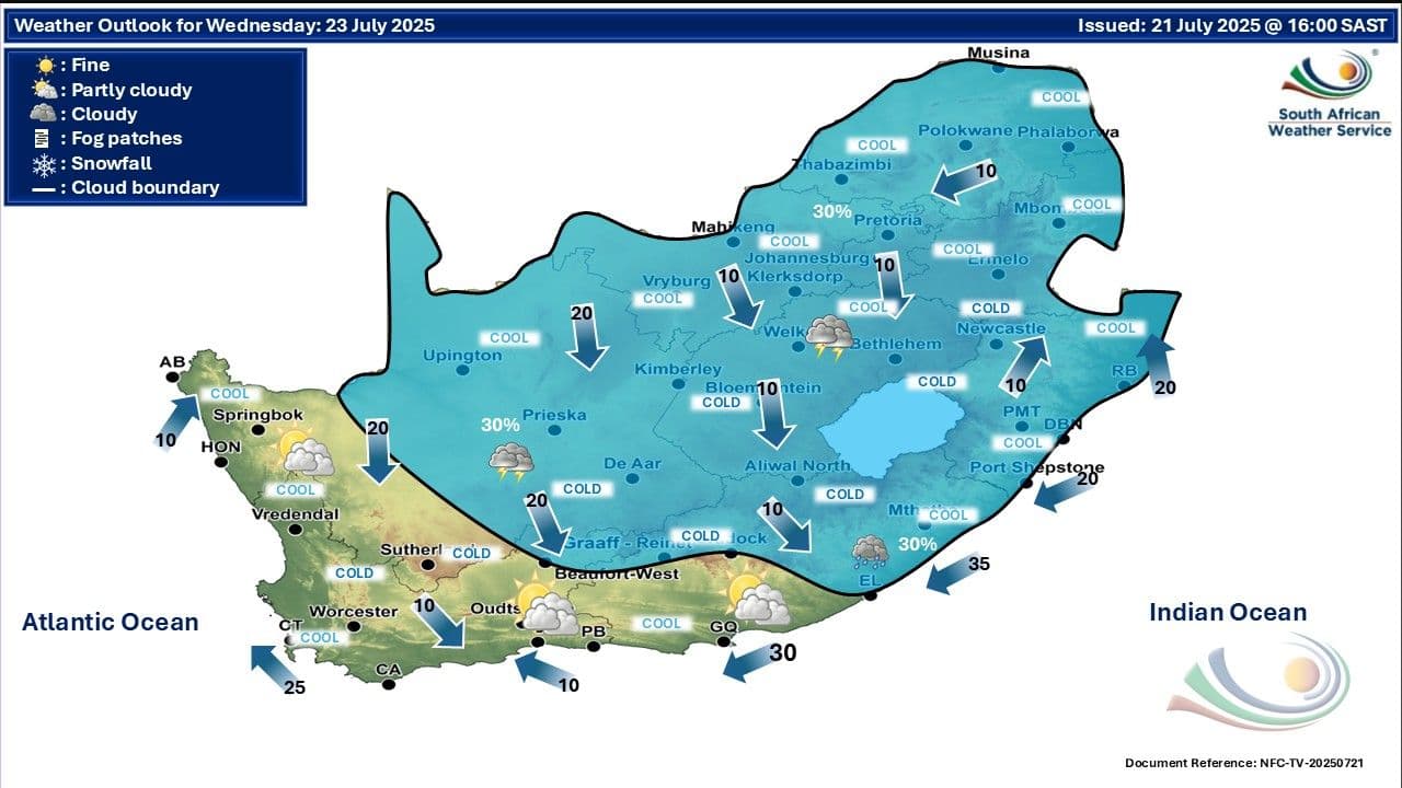 South Africa weather outlook map for Wednesday, 23 July 2025, showing widespread cold temperatures, cloud cover, fog, and snowfall in various regions.