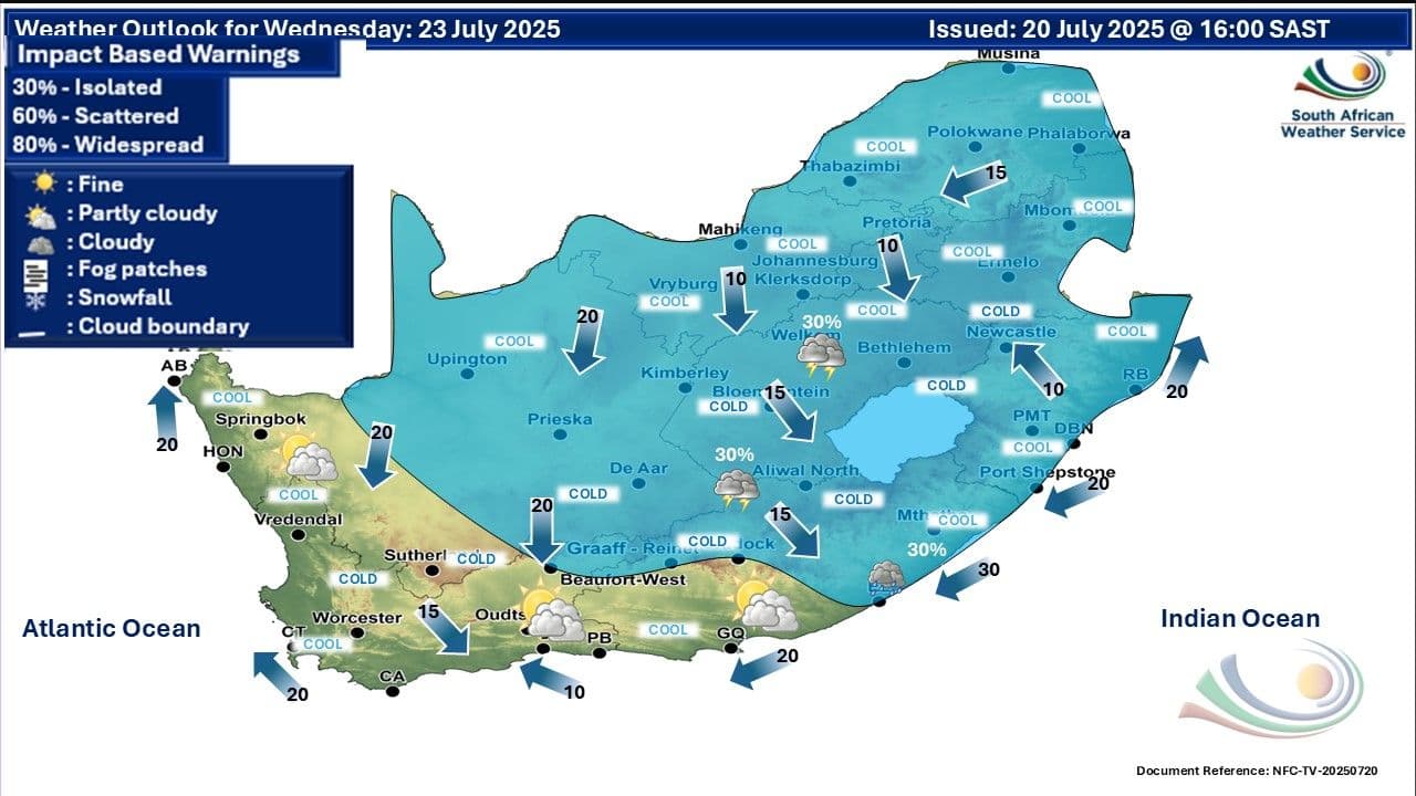 South Africa weather outlook map for Wednesday, July 23, 2025, showing widespread cold temperatures, rain, and snowfall across central and southern regions.