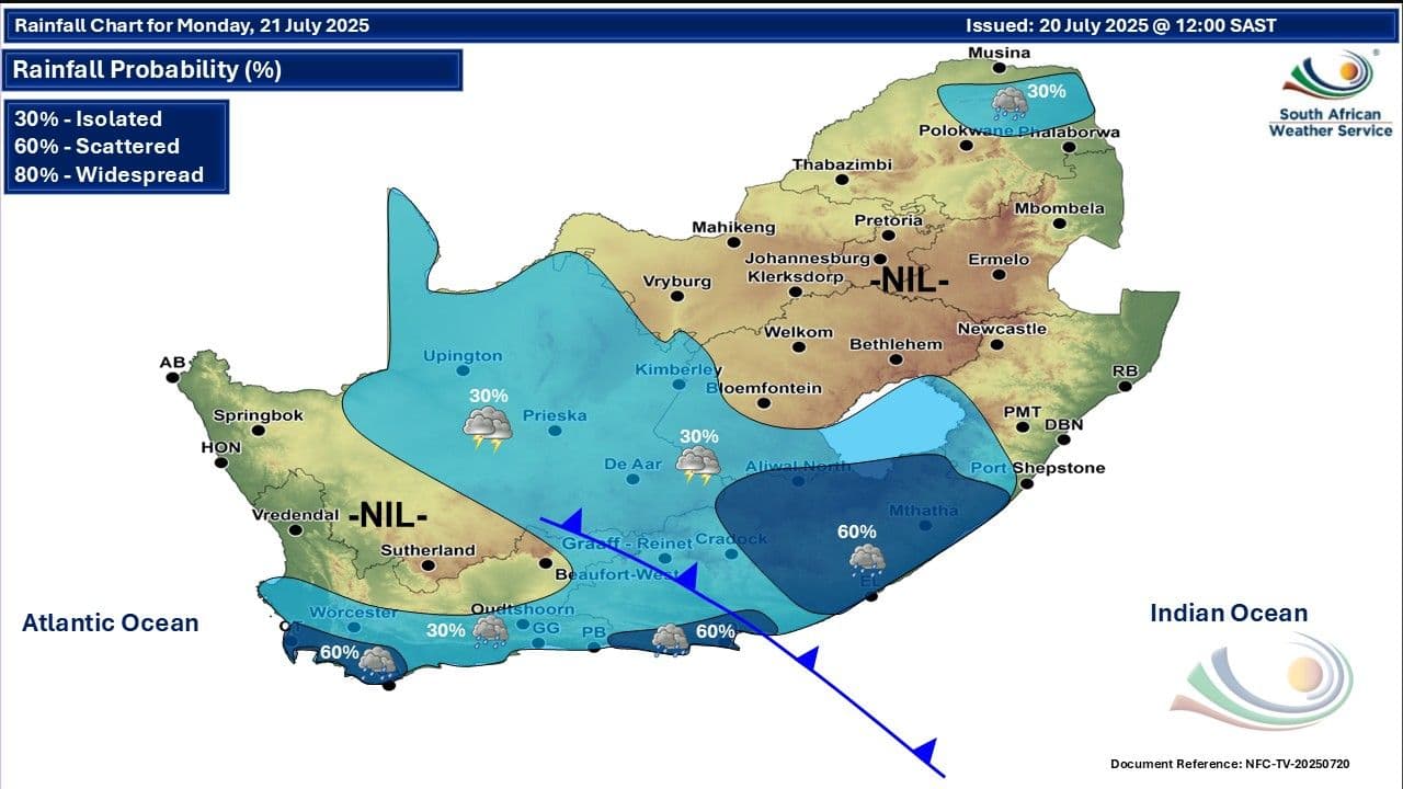 South African Weather Service rainfall probability map for Monday, July 21, 2025, showing widespread rain expected across central and southern regions due to a cold front.