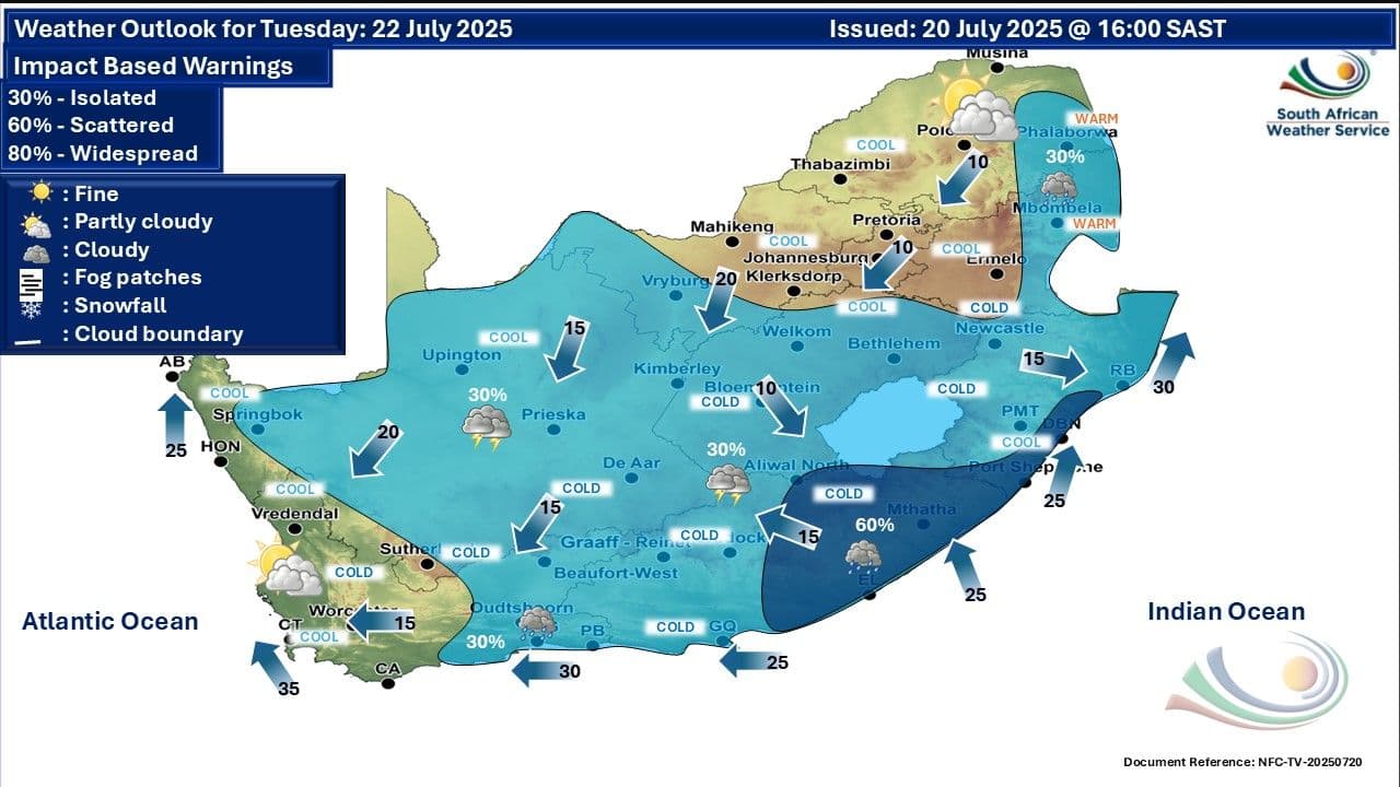 South African Weather Service weather outlook map for Tuesday, July 22, 2025, indicating cold temperatures, wind, and potential snowfall in parts of the country.