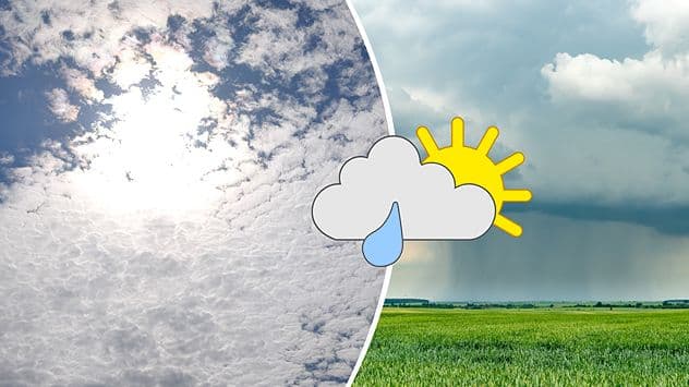 Split image showing a bright, cloudy sky on one side and a stormy, rainy sky over a green field on the other, symbolizing dual weather extremes in France.