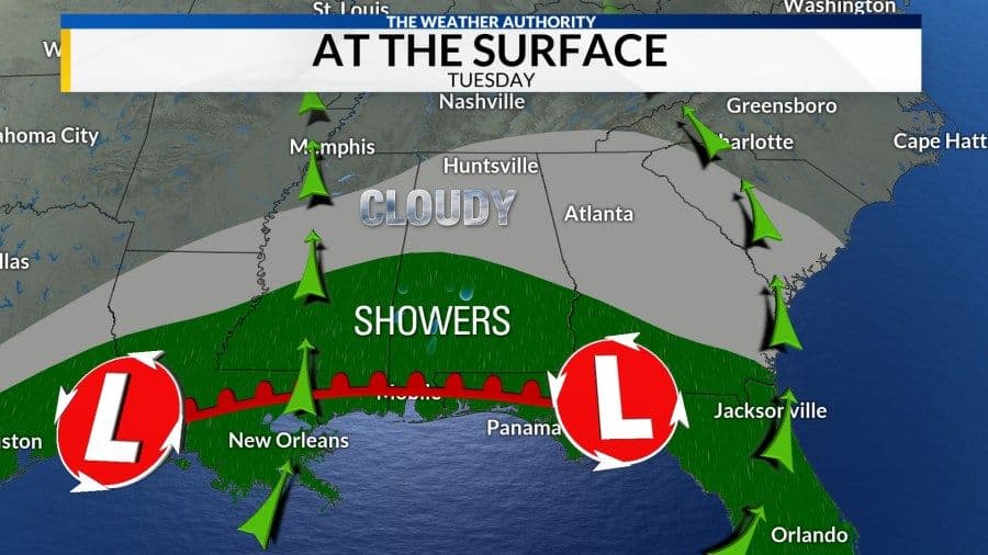 Surface weather map showing cloudy conditions, showers, and low-pressure systems across the southeastern United States.