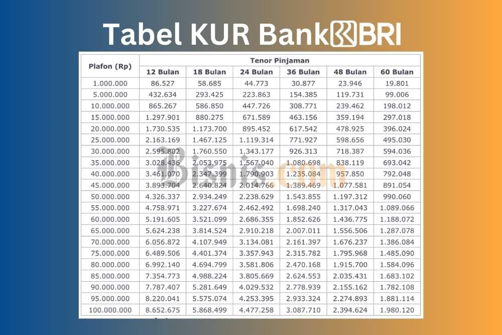 Tableau des échéances de remboursement du prêt KUR BRI, détaillant les montants et durées pour les PME.