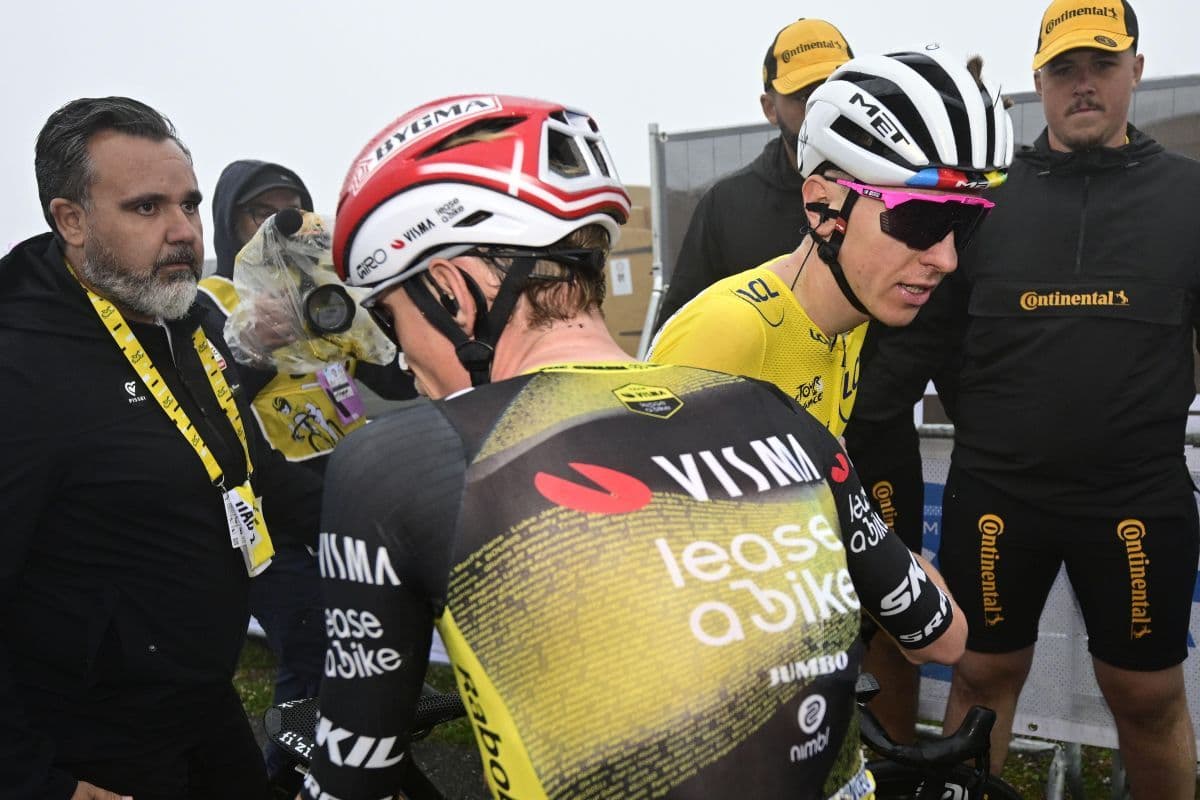 Tadej Pogacar in yellow jersey and Jonas Vingegaard at the Tour de France Stage 19.