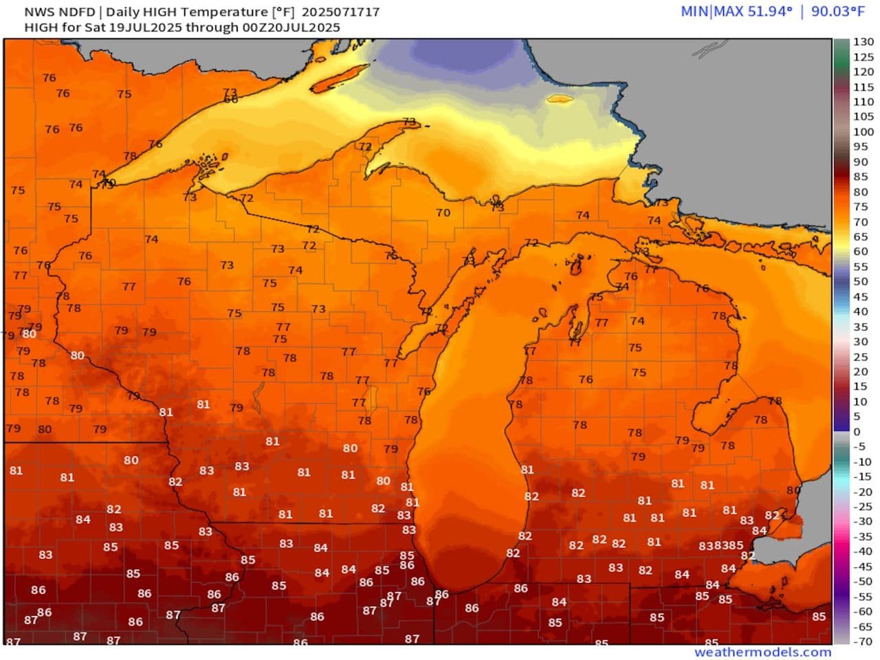 Temperature forecast map showing daily high temperatures across a region, useful for planning activities.