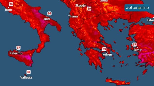 Temperature map showing extreme heat across Italy and Southeast Europe, with cities like Rome, Palermo, Athens, and Skopje displaying high temperatures in red and orange.