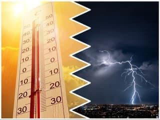 Teplomer ukazujúci vysoké teploty na jednej strane a blesky nad mestom na druhej, symbolizujúce prechod od horúčav k búrkam.