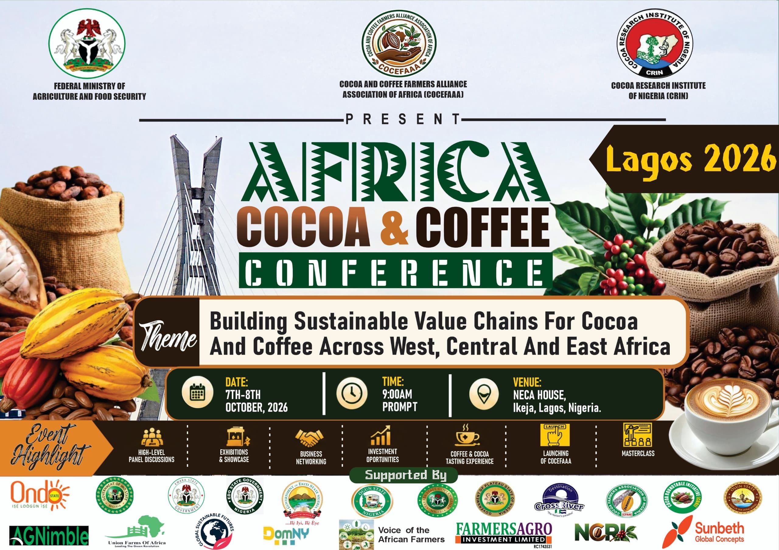 The official banner for the 2026 Africa Cocoa and Coffee Conference in Lagos, Nigeria, highlighting sustainable value chains for smallholder farmers.