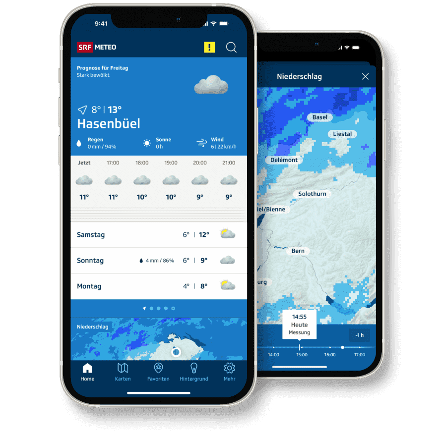Téléphones mobiles affichant l'application SRF Meteo pour suivre les alertes et prévisions météorologiques.