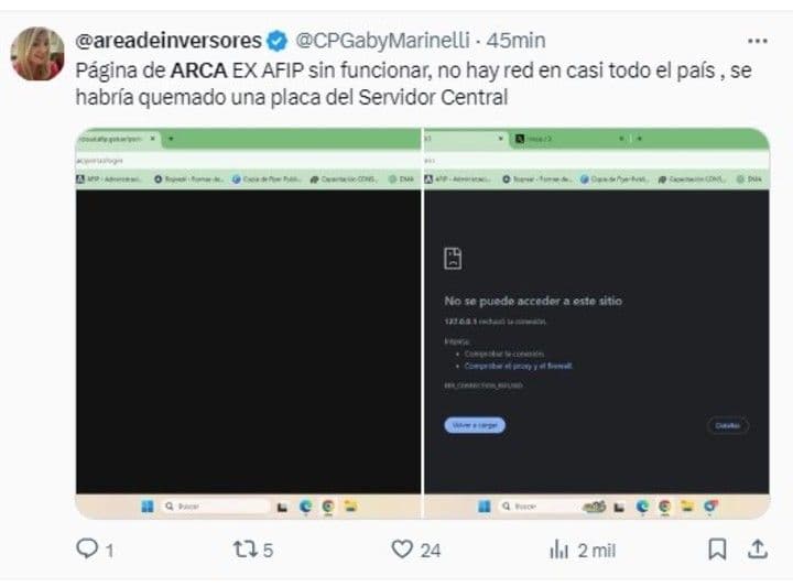 Tweet con pantalla de error de ARCA y especulación sobre la causa del fallo del sistema.