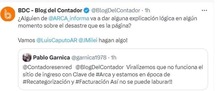 Tweet de 'Blog del Contador' exigiendo una explicación lógica por el desastre de la página de ARCA.