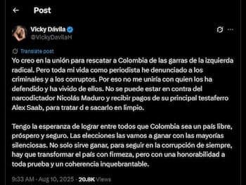 Tweet de Vicky Dávila cuestionando la coherencia de Abelardo De La Espriella por defender a Álex Saab.