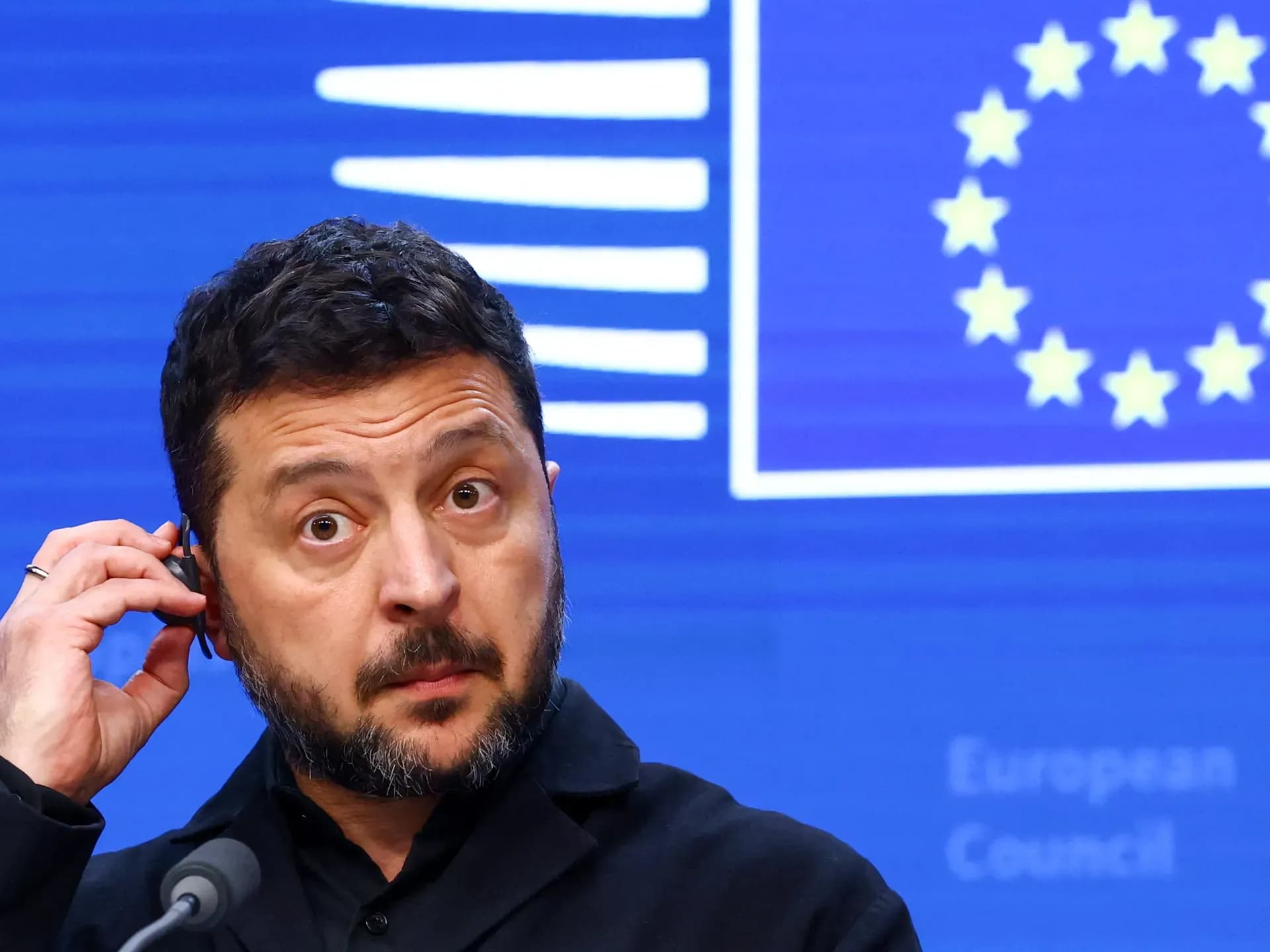 Ukrainian President Volodymyr Zelenskyy at an EU summit discussing Black Sea transit and global food security.