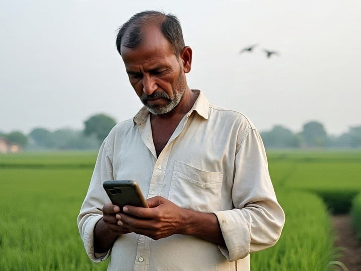 Un agriculteur indien vérifiant le statut de son versement PM Kisan sur son téléphone mobile, symbolisant la transparence numérique.
